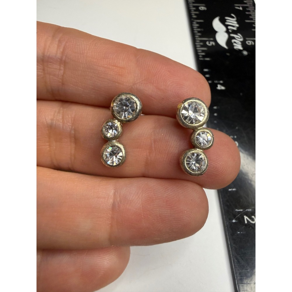 Silver Tone Graduated Triple Clear Crystal Bezel Set Drop Post Earrings